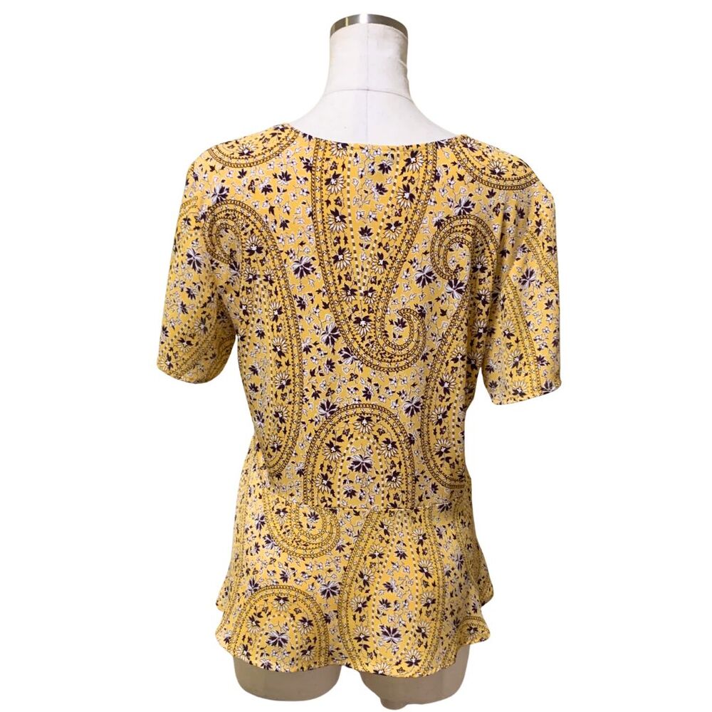 Ann Taylor Yellow Paisley Floral Peplum Top SP V-Neck Short Sleeve - Picture 2 of 8
